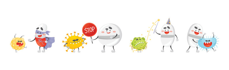 Medical Tablet and Pill Fighting Against Virus and Microbes Vector Set