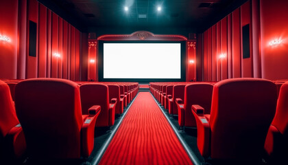 Movie cinema hall with empty red seats and blank screen. AI generated - obrazy, fototapety, plakaty