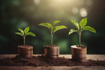 Fototapeta na wymiar Growing trees on coin stacks, money saving concept design, Generative AI
