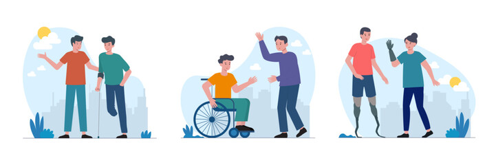 Сoncept of helping and recovering people with special needs, flat vector illustration