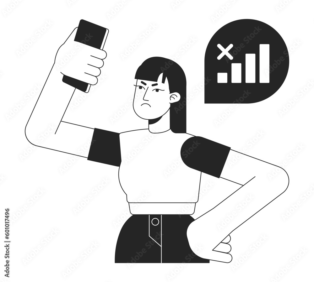Poster phone user disconnected from network bw vector spot illustration. girl with phone problem 2d cartoon