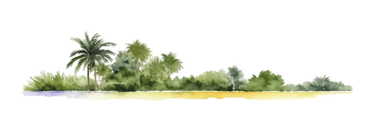 Watercolor sand beach with palms and bushes, isolated on white background. Horizontal bar element, divider, separator, footer for your design. Vector illustration.