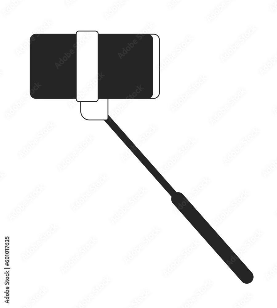 Poster handheld selfie stick with mobile phone flat monochrome isolated vector object. cellphone accessory.