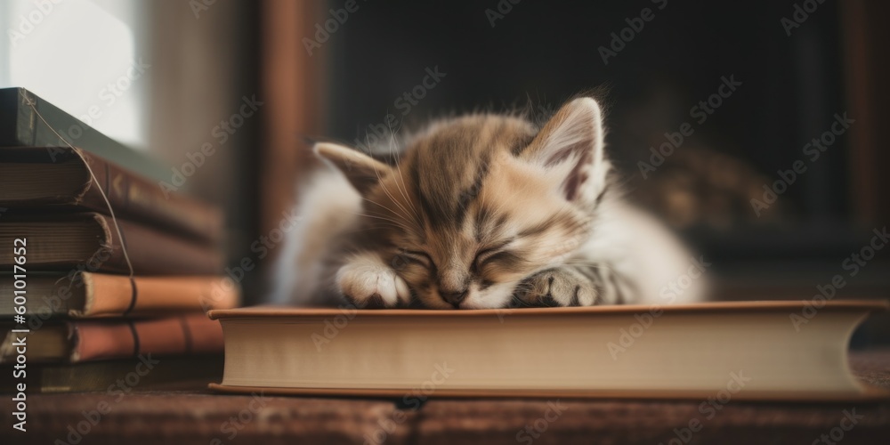 Poster a small kitten sleeping on top of a pile of books. generative ai image.