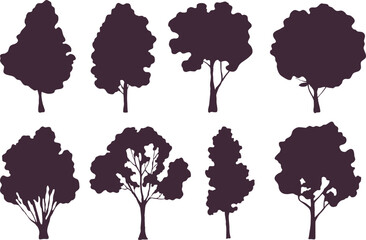 Trees silhouettes. Forest and park trees, pine, oak, aspen, poplar. Vector isolated retro images nature set