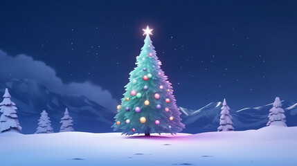 夜の森の中で光る大きなクリスマスツリー　Generative AI