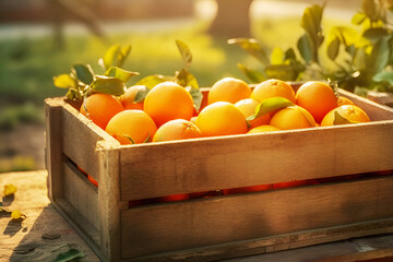 Natural ripe oranges in wooden box on wooden table on blurred garden background. Harvest, new crop and local farm fruits concept . Organic oranges. Selective focus. Generation ai