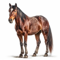Naklejka premium Horse standing and looking at camera isolated on white background with shadow. generative AI