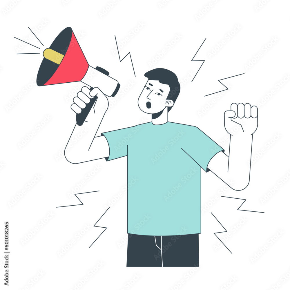 Poster business announcement flat line concept vector spot illustration. man shouting in megaphone 2d carto