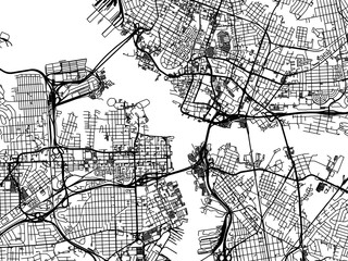 Vector road map of the city of  Norfolk - Portsmouth Center Virginia in the United States of America on a white background.