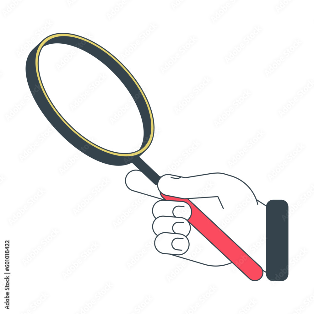 Aufkleber hand holding magnifying glass flat line concept vector spot illustration. enlarge 2d cartoon outline