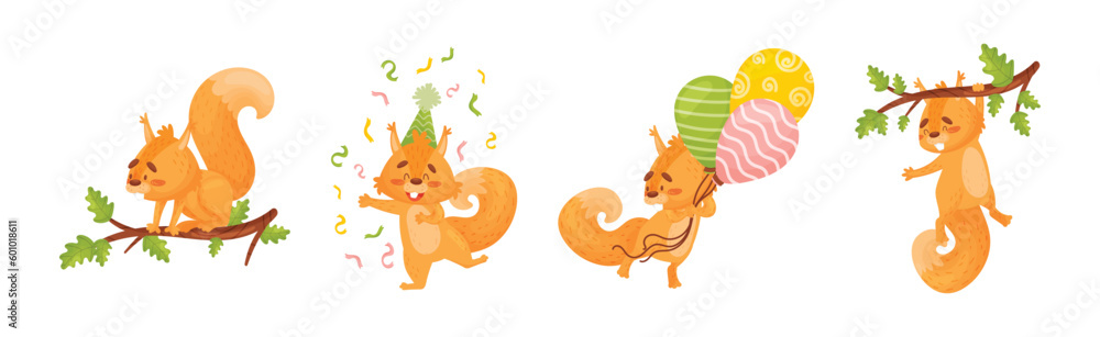 Poster fluffy squirrel character with bushy tail engaged in different activity vector set