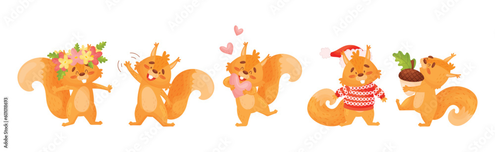 Poster fluffy squirrel character with bushy tail engaged in different activity vector set