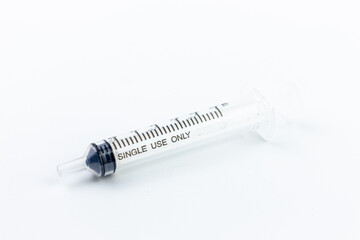 Medical syringe isolated on white background with copy space for text.