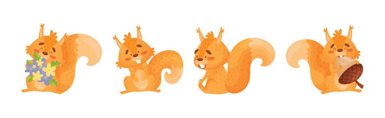 Fluffy Squirrel Character with Bushy Tail Engaged in Different Activity Vector Set