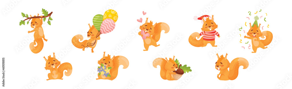 Poster fluffy squirrel character with bushy tail engaged in different activity vector set