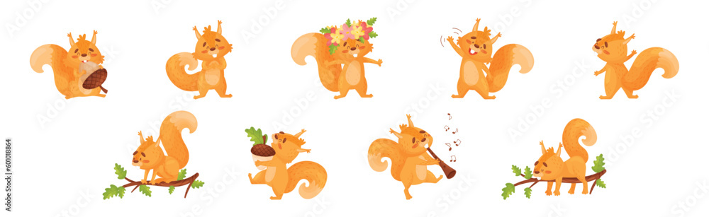 Poster fluffy squirrel character with bushy tail engaged in different activity vector set