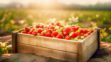 Natural ripe strawberry in wooden box on field on blurred strawberry farm landscape in golden hour. Harvest, new crop and local farm fruits concept. Organic strawberry. Selective focus. Generation ai