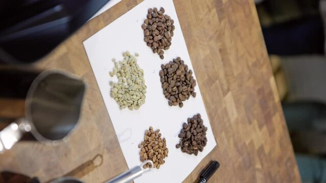 Vertical, hands reach to labeled coffee beans pile to grab and taste test fresh roast