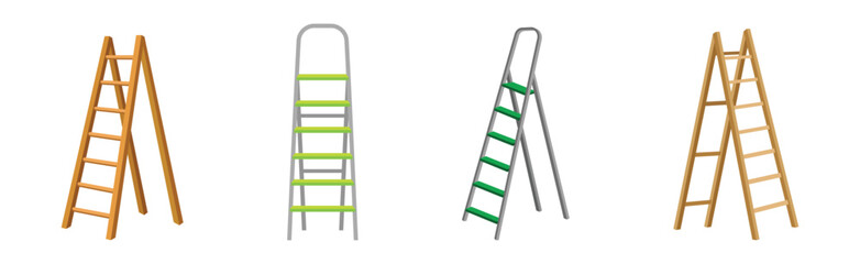 Wooden and Metal Step Ladder for Domestic and Construction Need Vector Set