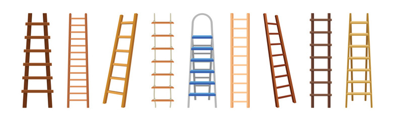 Wooden and Metal Step Ladder for Domestic and Construction Need Vector Set