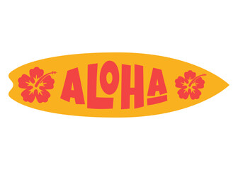 Logo club de surf. Letras palabra Aloha con letras estilo hawaiano con tabla de surf con flores de hibisco - obrazy, fototapety, plakaty