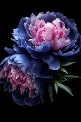 Beautiful peonies isolated on black background, photorealistic illustration created by Ai