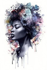 Black woman with flowers in hairs, artistic portrait. Generative art