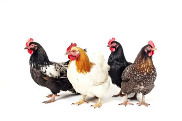 Chickens isolated on white background. Photorealistic generative art.