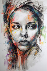 Beautiful woman, colorful hand drawn side view portrait. Generative art