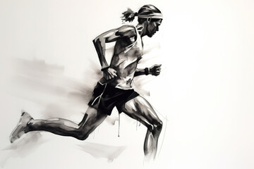 Women runner, side view. Charcoal drawing, generative art