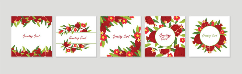 Pomegranate Greeting Card with Ripe Red Fruit and Foliage Vector Set
