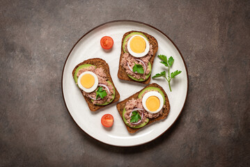 Sandwiches with tuna , rye bread, boiled egg, avocado red onion in a plate on brown rustic background. Top view, flat lay. Mediterranean food. Tuna toast.