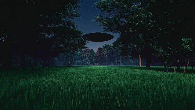 UFO in the Sky at Night over the Forest. Concept of Alien abduction. 4K Cinematic 3d rendering