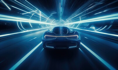 Fototapeta na wymiar futuristic sport car driving speedily with light reflections in the dark