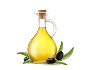 Glass jug with olive oil next to olives. Isolated on white background. Vector illustration