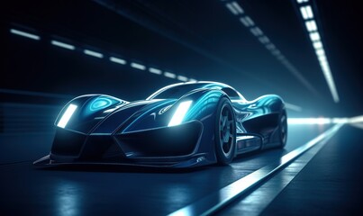 Fototapeta na wymiar futuristic sport car driving speedily with light reflections in the dark
