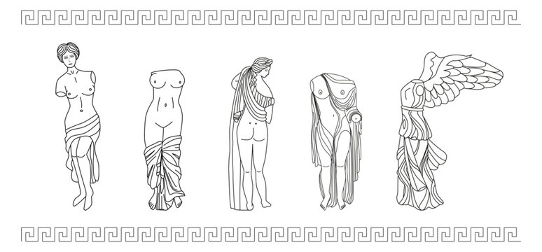 Modern linear set of Greek statues, sculptures. Ancient Greek goddess, antique statue. Linear vector isolated on white background. Renaissance. Hand drawn line art