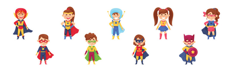 Smiling Boy and Girl Character in Superhero Costume and Cloak Standing Ready to Save the World Vector Illustration Set