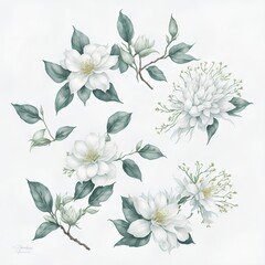 Illustration of jasmine flowers in assorted watercolors as a collage. AI Generated illustrations