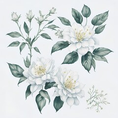 Illustration of jasmine flowers in assorted watercolors as a collage. AI Generated illustrations