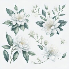 Fototapeta na wymiar Illustration of jasmine flowers in assorted watercolors as a collage. AI Generated illustrations