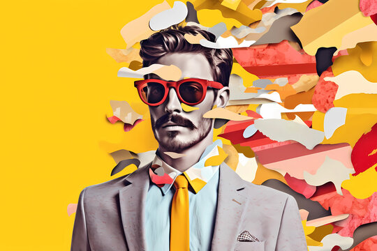 Fototapeta A man wearing sunglasses and a suit with a yellow background magazine collage style Generative AI