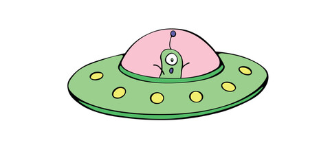 Cartoon cute funny Alien in Flying Saucer, UFO. Simple color vector illustration, icon in flat doodle style.