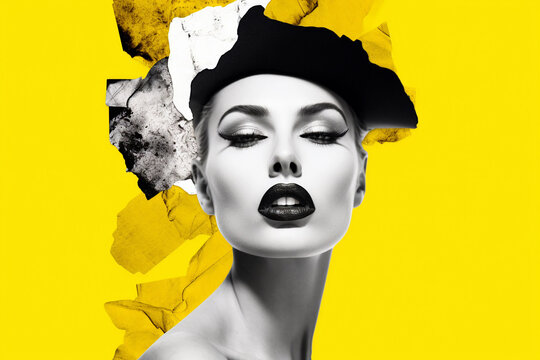 magazine collage style A woman with a black hat and a yellow background with a yellow background Generative AI