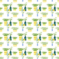 pastoral style seamless watercolor pattern with leaves, baskets, bottles and glass vases, twigs, grass, hand drawn picture