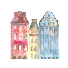 isolated hand drawn watercolor houses, scandinavia, stockholm. watercolor handmade. primitive style,