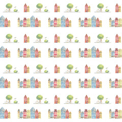 seamless watercolor pattern with houses, bikes and trees, bushes. buildings, roof, paving stones, windows, hand drawn print