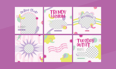 Set of retro 70s style social media feed templates