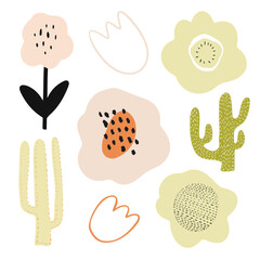 Set of abstract doodle mexican illustrations. Flowers and cacti. Festive design elements. Hand drawn. Isolated on white background.
